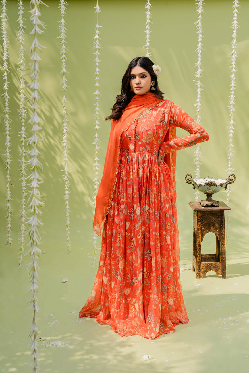 Rust Orange Embroidered Anarkali Suit